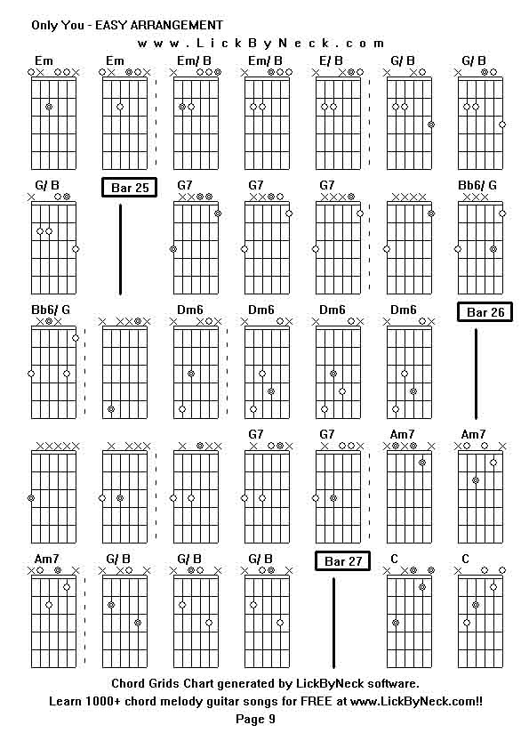 Chord Grids Chart of chord melody fingerstyle guitar song-Only You - EASY ARRANGEMENT,generated by LickByNeck software.